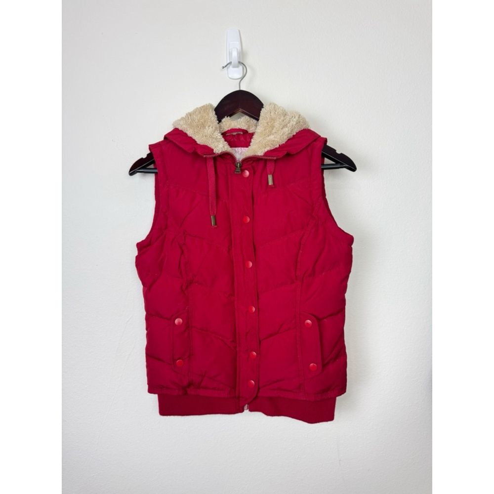 Duck Head Jeans Co Women Red Puffer Vest XS Y2K Fur Hood Down Grunge Indie Winte